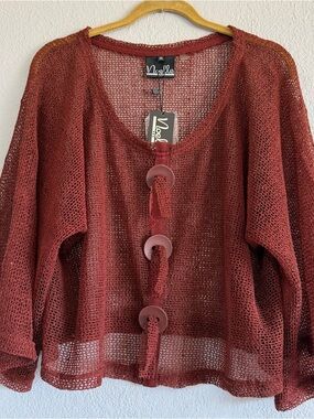 Noelle Rust Mesh Button Front Cropped Shrug Cardigan NWT OS Open Weave Sequin